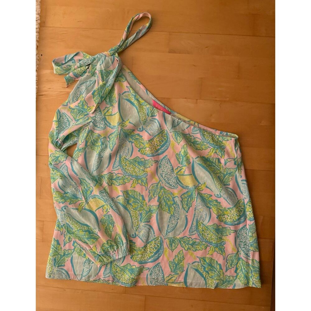 NWT LILLY PULITZER “Avena” One Sleeve Green Print Vitamin Sea Top Lined 10 - Picture 2 of 4